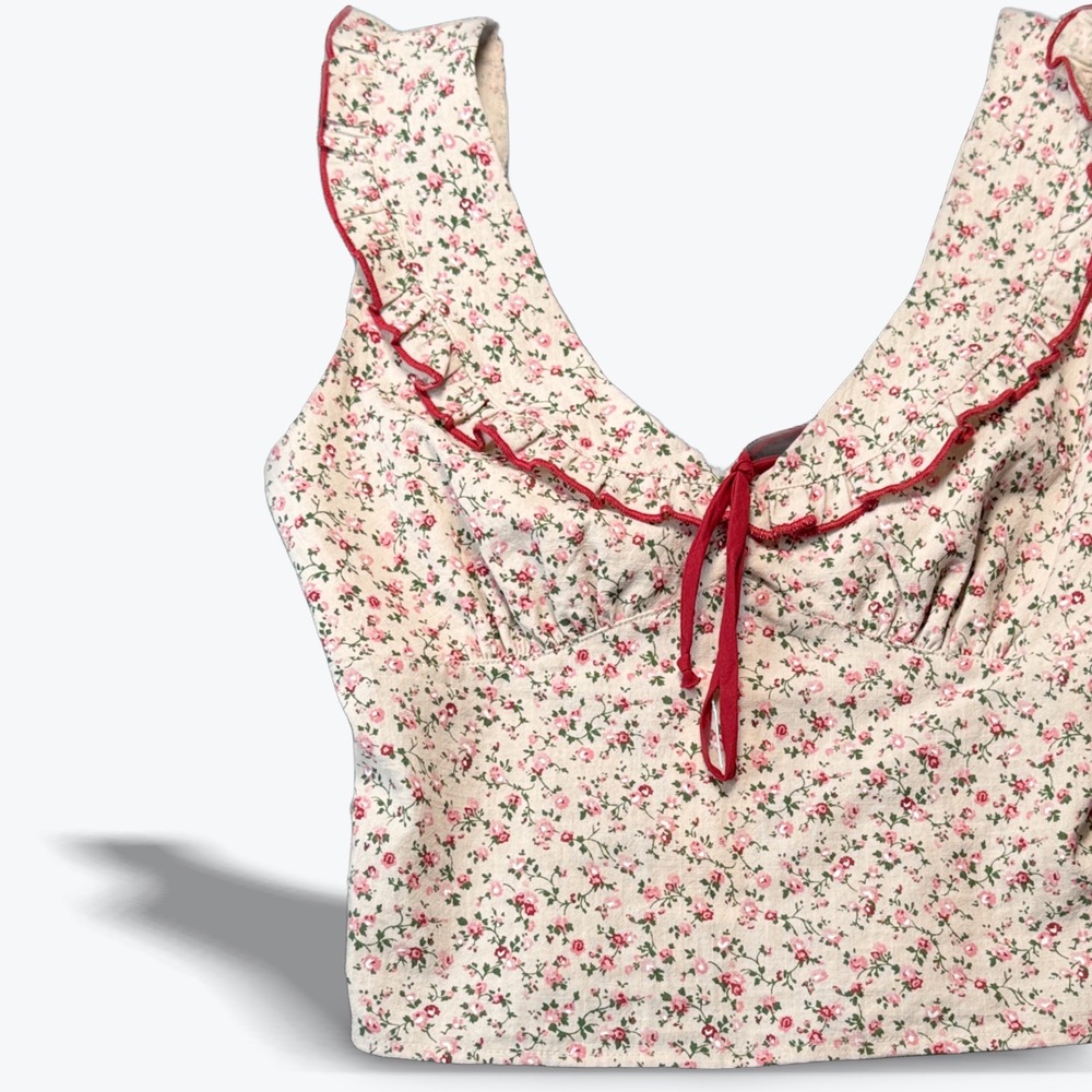 Thirty Thirty LA Smocked‎ Cottagecore Top Floral Ruffle Sweetheart Tie Small NEW